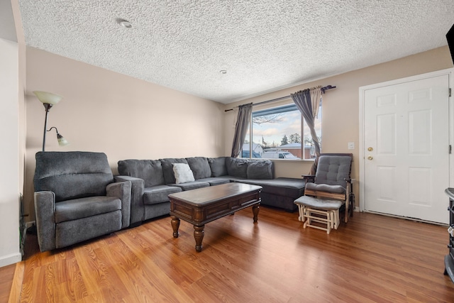 living room featuring wood-type flooring and a textured ceiling