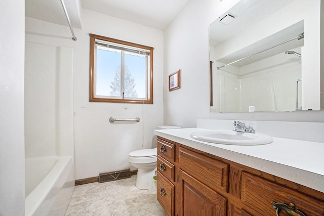 full bathroom featuring toilet,  shower combination, and vanity