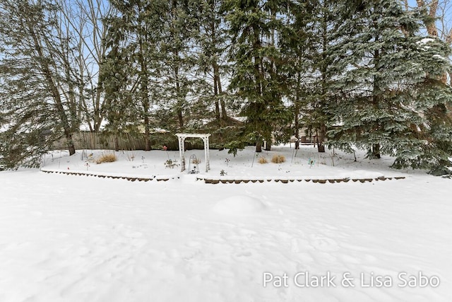 yard layered in snow with a pergola