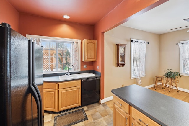 kitchen with sink, ceiling fan, and black appliances