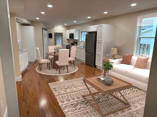 living room with hardwood / wood-style flooring and sink