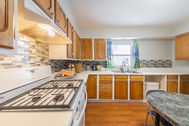 kitchen featuring tasteful backsplash, sink, light hardwood / wood-style flooring, and gas range gas stove