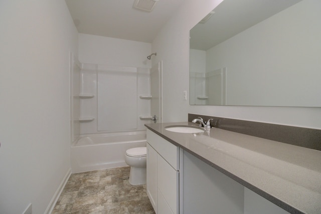 full bathroom with vanity, bathtub / shower combination, and toilet