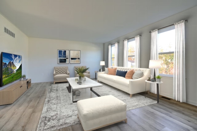 living room featuring a healthy amount of sunlight and light hardwood / wood-style flooring