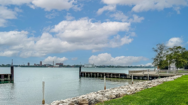 view of dock with a water view