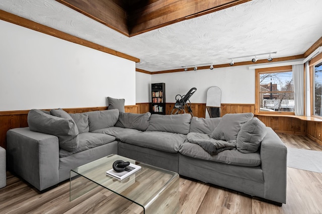 living room with hardwood / wood-style floors, rail lighting, and a textured ceiling