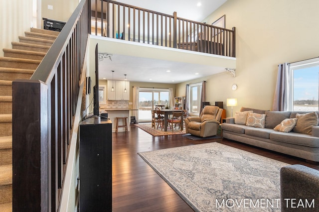 living room with a high ceiling and dark hardwood / wood-style floors