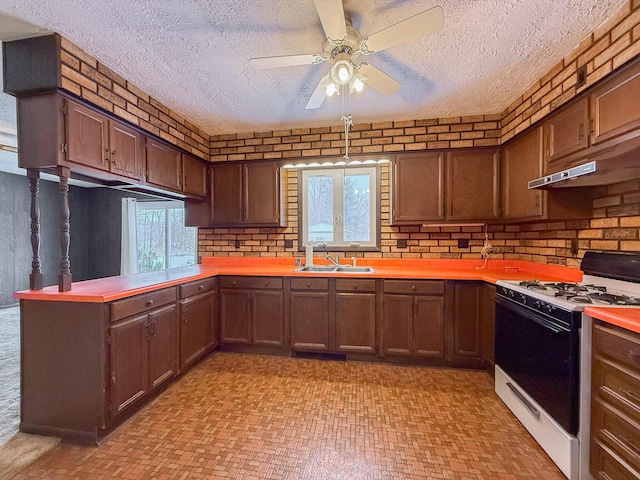 kitchen with kitchen peninsula, a wealth of natural light, gas range gas stove, and sink