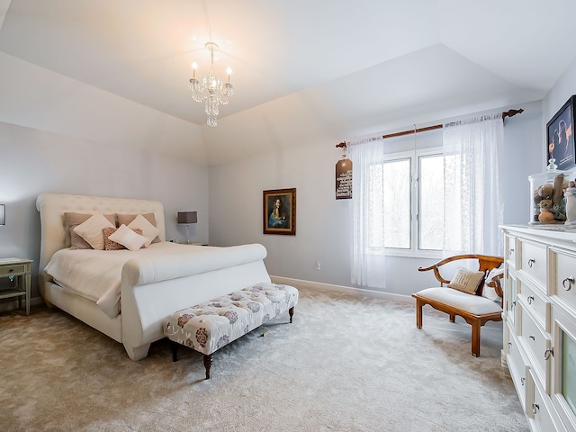 bedroom with baseboards, lofted ceiling, a notable chandelier, and light colored carpet