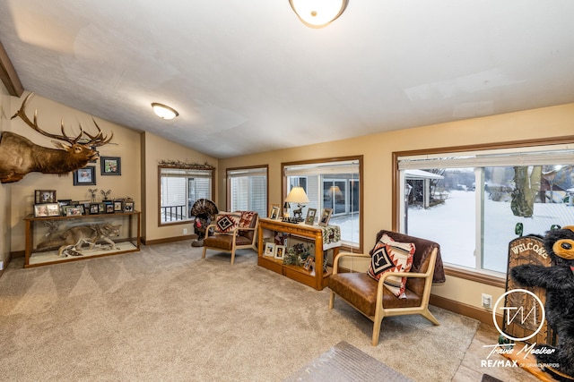 sitting room featuring light carpet and vaulted ceiling