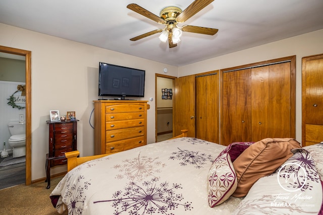 bedroom with carpet, ensuite bathroom, ceiling fan, and multiple closets