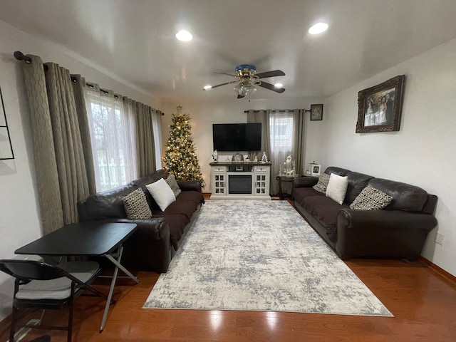 living room with ceiling fan and hardwood / wood-style flooring