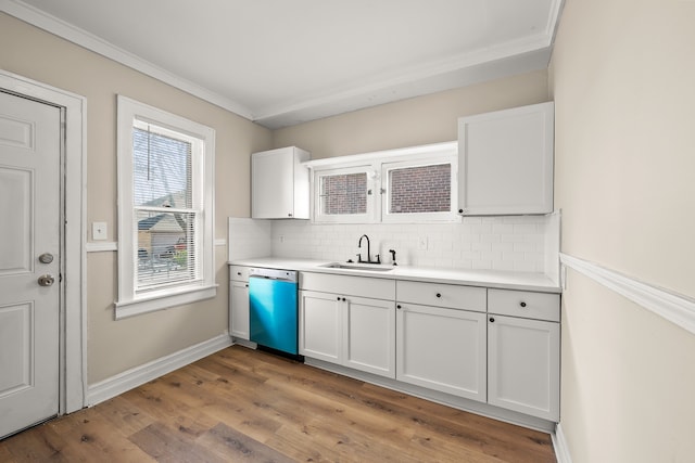 kitchen featuring sink, decorative backsplash, white cabinets, and dishwasher