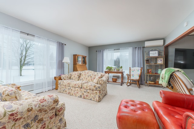 carpeted living room with a wall unit AC