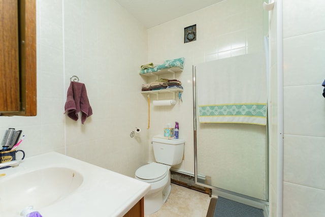 bathroom featuring vanity, tile walls, an enclosed shower, and toilet