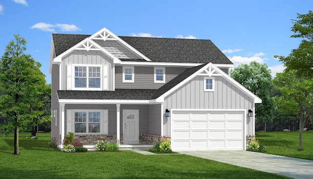 view of front of home featuring roof with shingles, board and batten siding, a front yard, and driveway