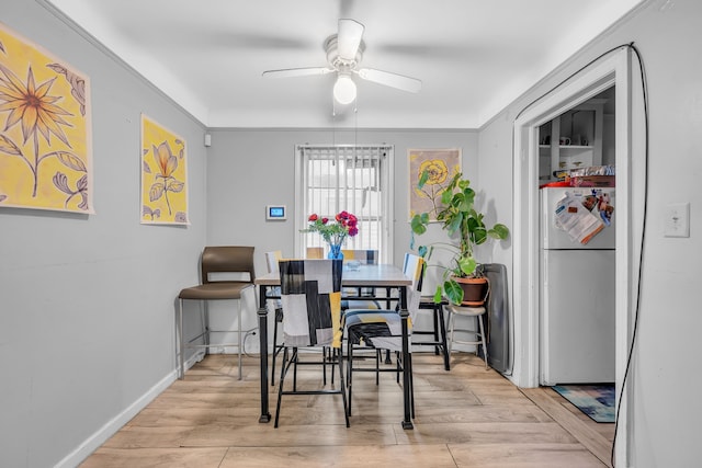 dining room featuring ceiling fan, ornamental molding, and light hardwood / wood-style flooring