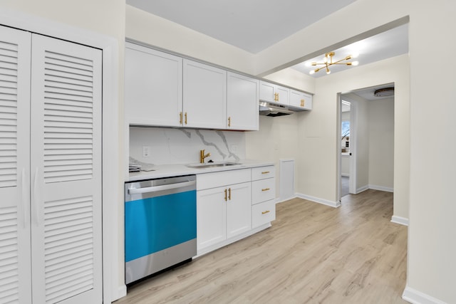 kitchen featuring sink, white cabinets, dishwasher, and light hardwood / wood-style flooring