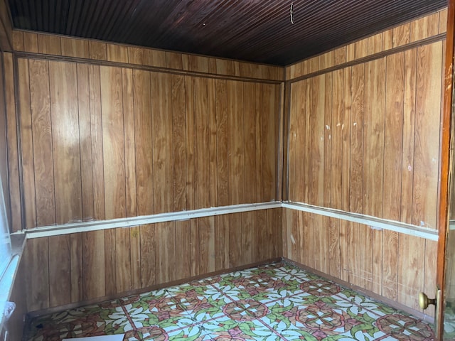 interior space with elevator, wooden walls, and wooden ceiling