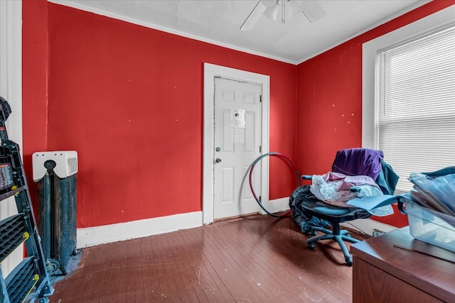 office space featuring ornamental molding, ceiling fan, and wood-type flooring