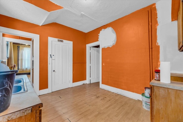 entryway with lofted ceiling, light wood-type flooring, a textured ceiling, and sink