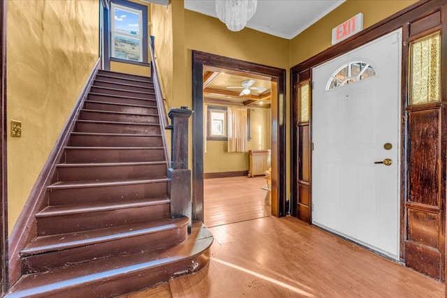 foyer entrance featuring ornamental molding, ceiling fan with notable chandelier, and hardwood / wood-style flooring