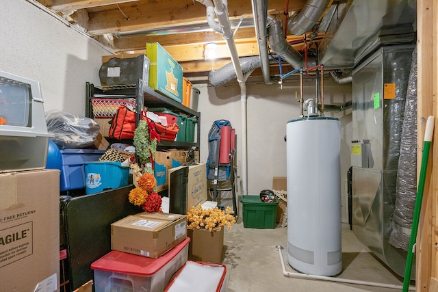 storage featuring water heater and heating unit