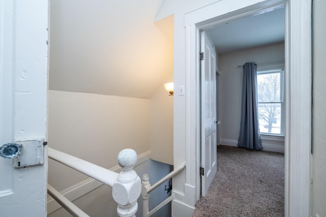 hallway with carpet and lofted ceiling