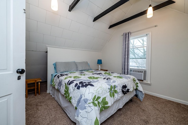 carpeted bedroom with lofted ceiling with beams and ceiling fan