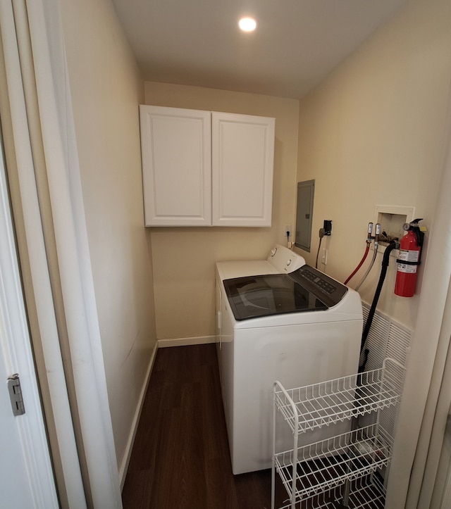 clothes washing area with electric panel, washing machine and dryer, and dark hardwood / wood-style floors