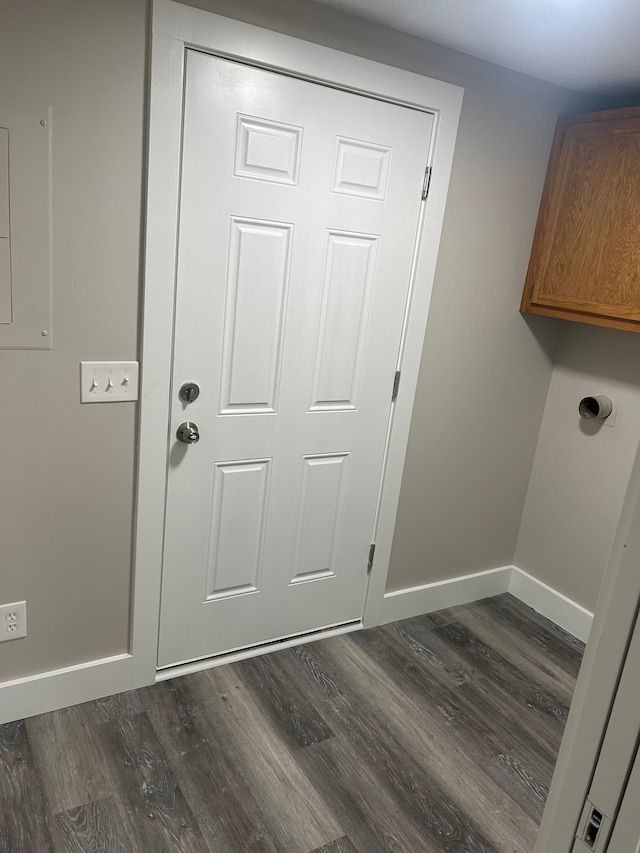 clothes washing area featuring cabinets and dark hardwood / wood-style floors