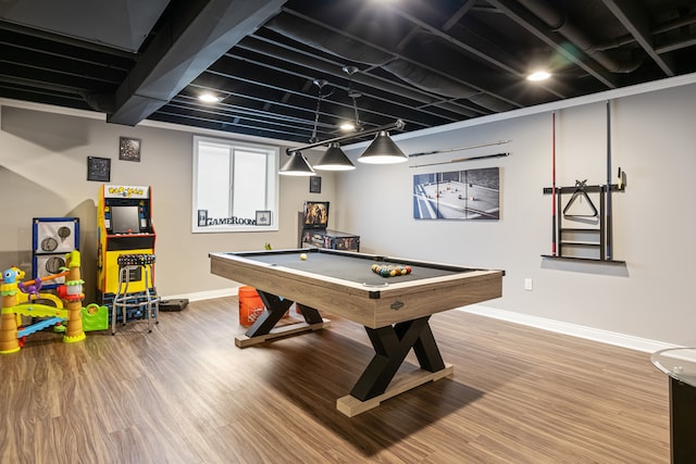 game room with billiards and hardwood / wood-style floors