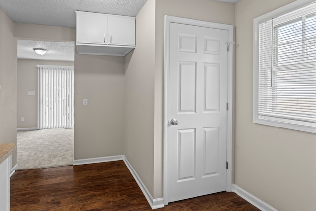 washroom with a textured ceiling and dark hardwood / wood-style floors