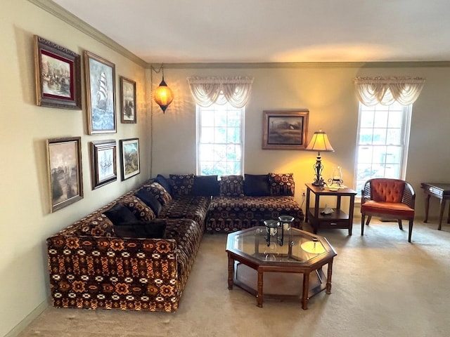 carpeted living room featuring ornamental molding