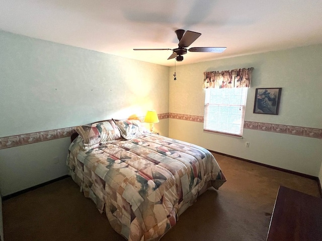 bedroom with ceiling fan and dark carpet