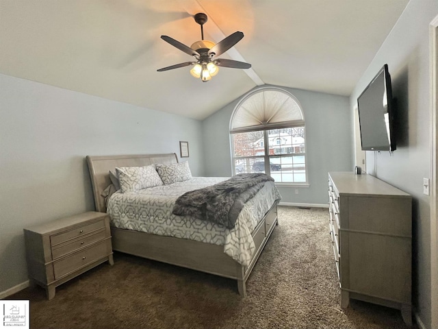 bedroom featuring lofted ceiling, ceiling fan, and dark carpet