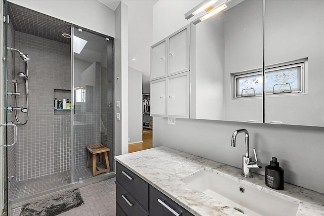 bathroom featuring vanity and a shower with shower door