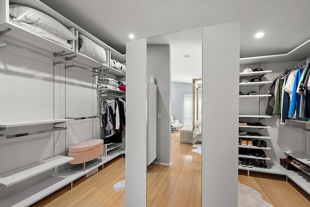 walk in closet featuring radiator heating unit and light hardwood / wood-style flooring