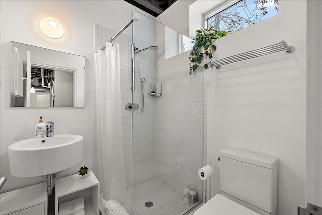 bathroom with walk in shower, toilet, and sink