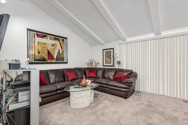 carpeted living room with vaulted ceiling with beams