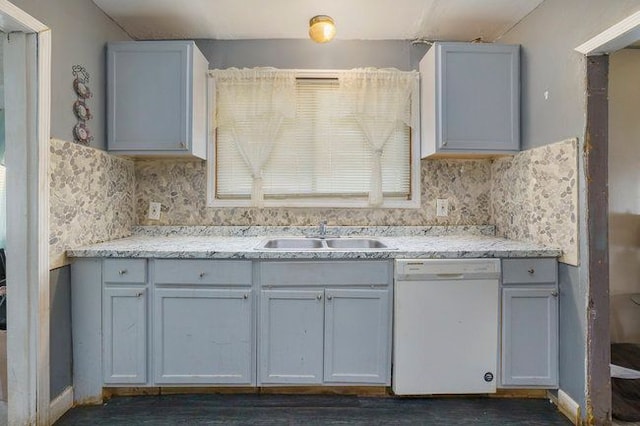 kitchen with white cabinets, dishwasher, decorative backsplash, and sink