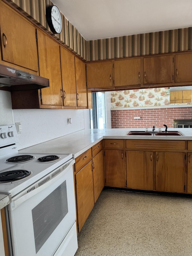 kitchen with backsplash, electric range, and sink