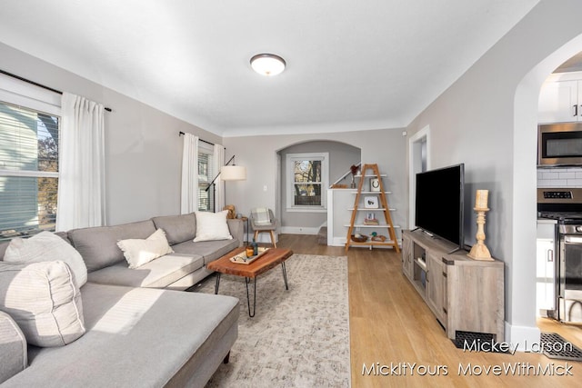 living room with light hardwood / wood-style flooring