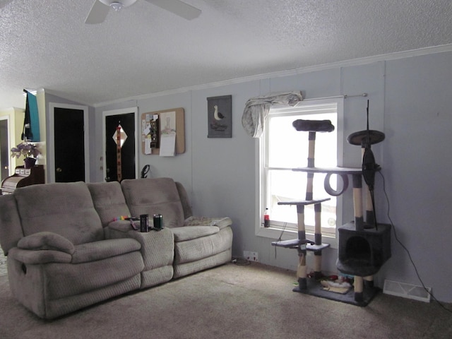 living room featuring ceiling fan, carpet floors, crown molding, and a textured ceiling