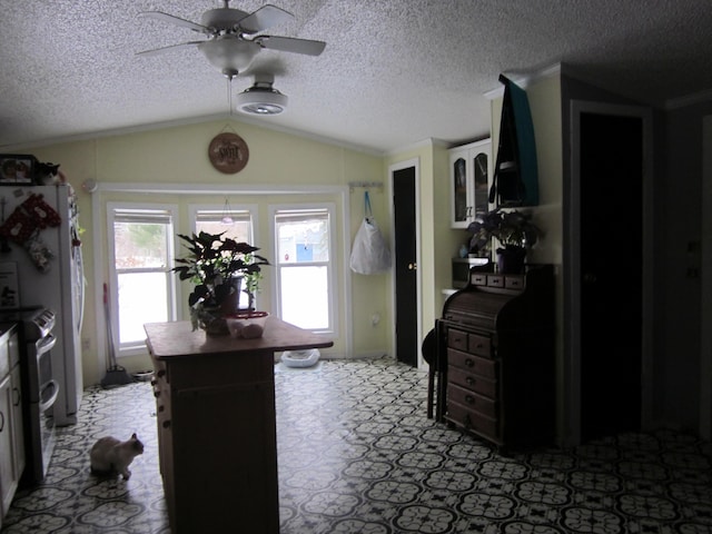 interior space featuring lofted ceiling, ornamental molding, a textured ceiling, and ceiling fan