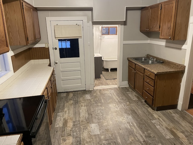 kitchen with sink, dark hardwood / wood-style floors, and black electric range