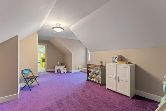 game room with lofted ceiling and carpet floors
