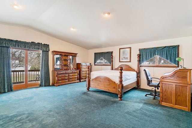 bedroom featuring access to outside, vaulted ceiling, and carpet flooring