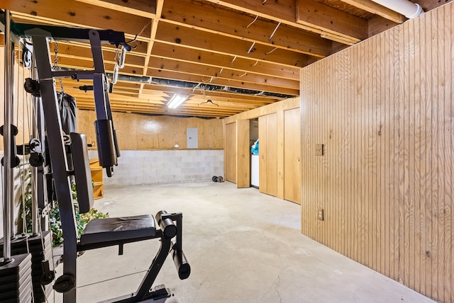 basement featuring electric panel and wooden walls