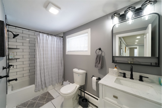 full bathroom with toilet, vanity, tile patterned floors, and shower / tub combo with curtain